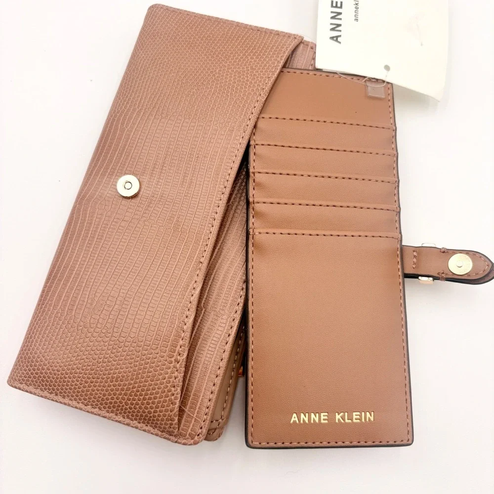 Anne Klein‎ 2 Piece Buckle Wallet Mocha Lizard Embossed Slim Card Case NEW